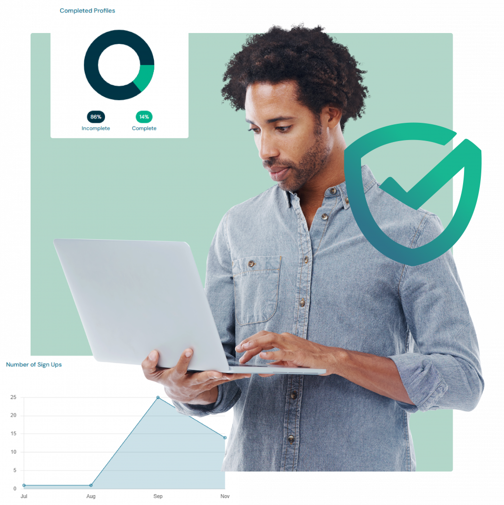 Man with a laptop looking at 360 statistics feature